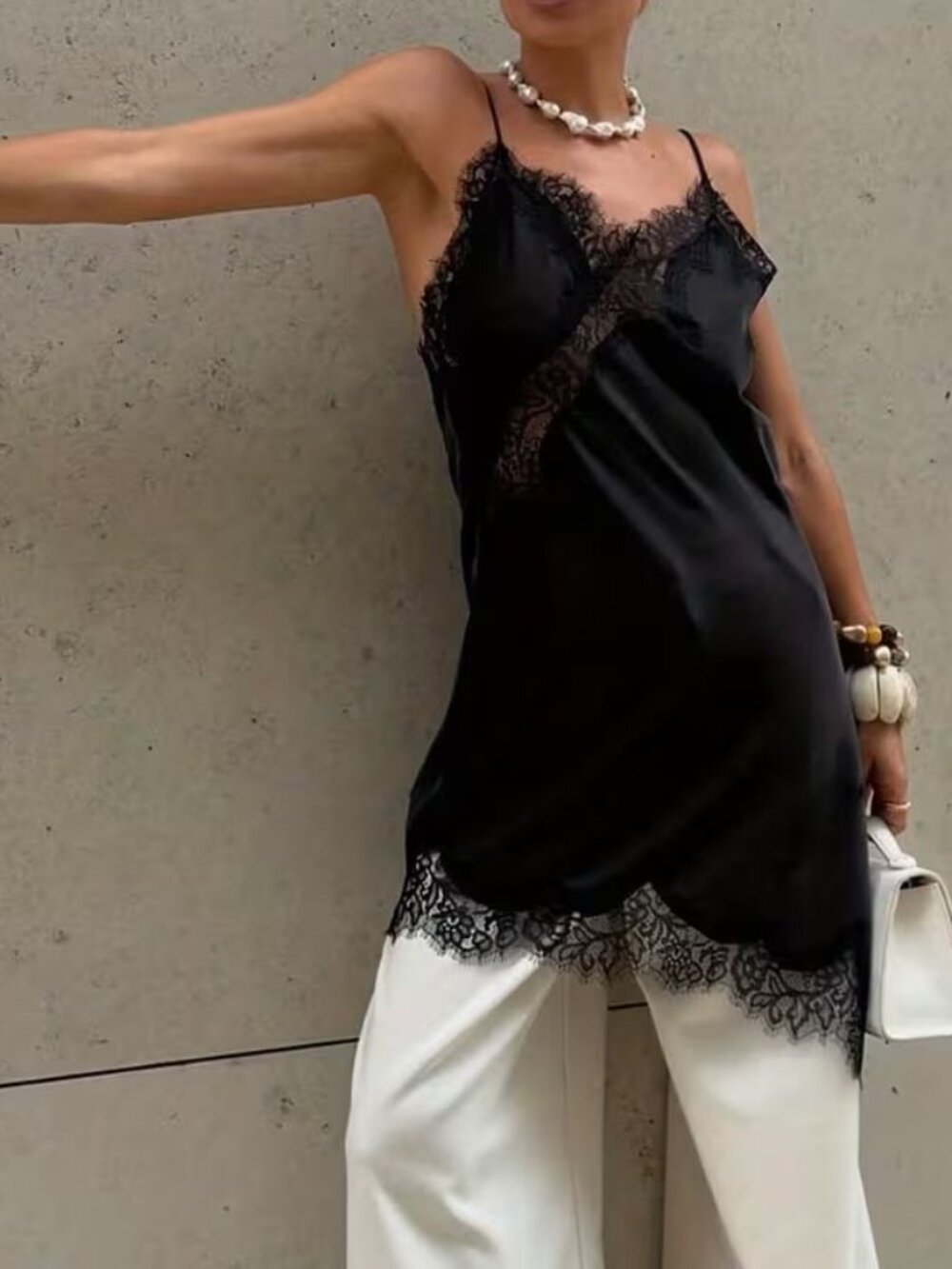 Black Long Satin Lace Trim Cami Top